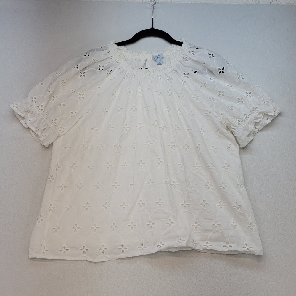 Croft & Barrow Eyelet Blouse Womens‎ PXL White Boho Short Sleeve Cotton Top